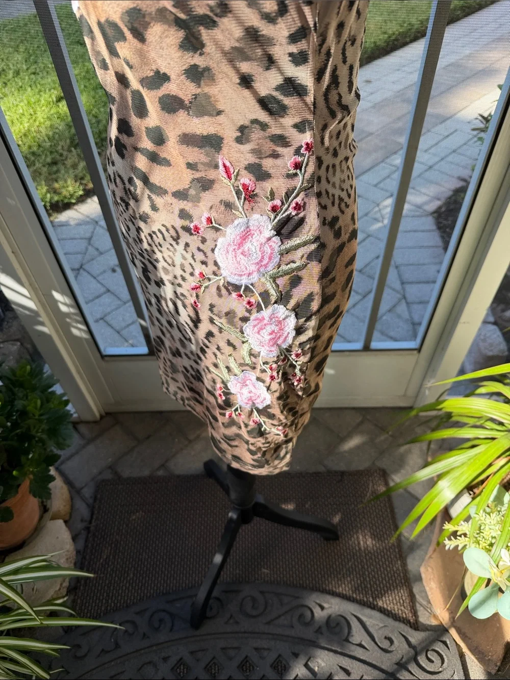 Leopard Print Halter Body Con Dress with Pink Floral Embroidery